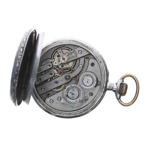 411 - Large Continental silver (0.800) lever engraved pocket watch in need of attention, 15 jewel bar leve... 