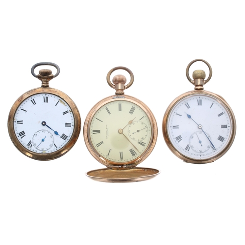 413 - Thos. Russell & Son gold plated lever hunter pocket watch for repair; together with two gold pla... 