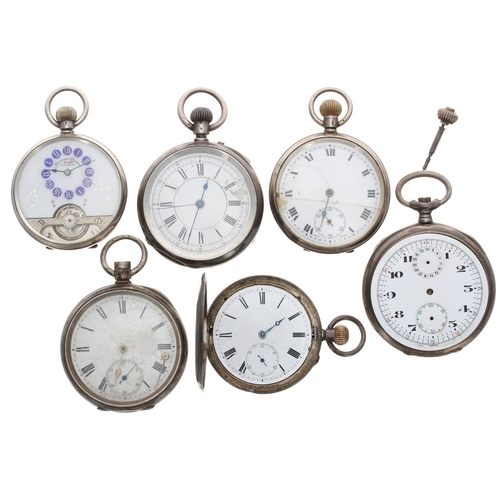 416 - Quantity of silver lever pocket watches for repair to include a centre seconds chronograph; Hebdomas... 