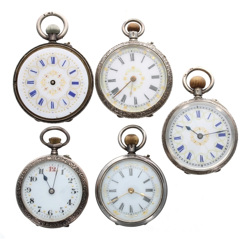 417 - Five silver cylinder engraved fob watches for repair