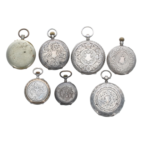 420 - Two small silver cylinder fob watches; together with two silver lever engraved fob watches; two silv... 