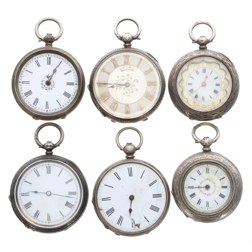 423 - Four silver cylinder engraved fob watches; together with two white metal cylinder fob watches (all f... 