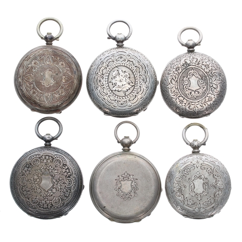 423 - Four silver cylinder engraved fob watches; together with two white metal cylinder fob watches (all f... 