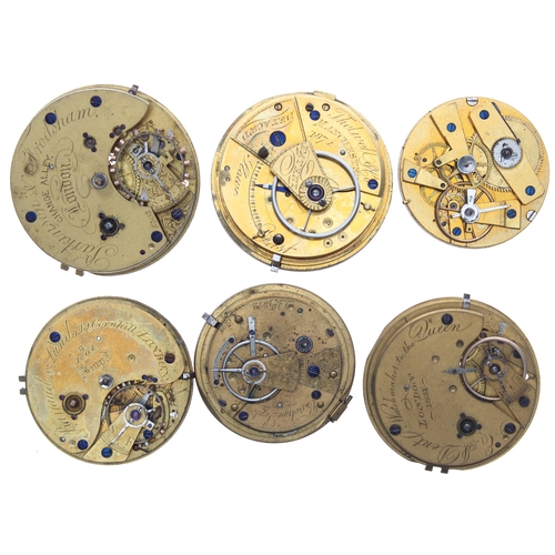 449 - Six pocket watch movements for repair to include Parkinson & Frodsham fusee lever; Thelwell Mass... 