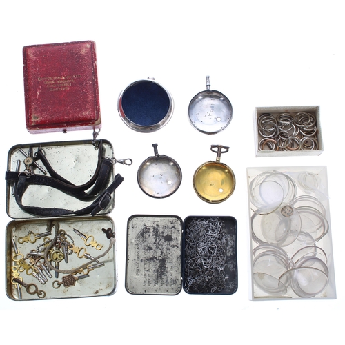 453 - Assortment of pocket watch parts and accessories to include glasses, bows, fusee chain, keys, three ... 