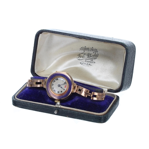 136 - George V 9ct and enamel half hunter lady's wristwatch, import hallmarks London 1912, silvered dial w... 