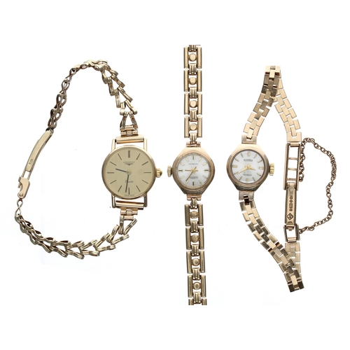 205 - Three 9ct lady's wristwatches to include two Roamer and Longines, 9ct bracelets, 38.8gm... 