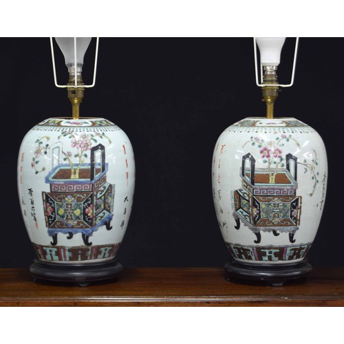 346 - **Late Entry** Pair of Chinese Famille Rose ovoid table lamps converted to table lamps, probably 19t... 