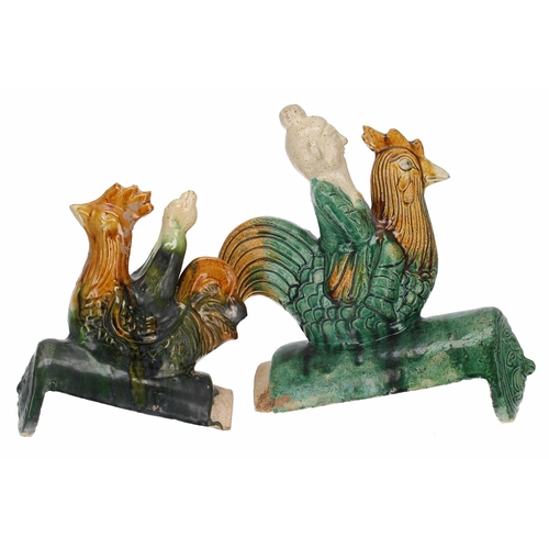 844 - Chinese sancai glaze roof tile modelled as a man riding a rooster, 11.5