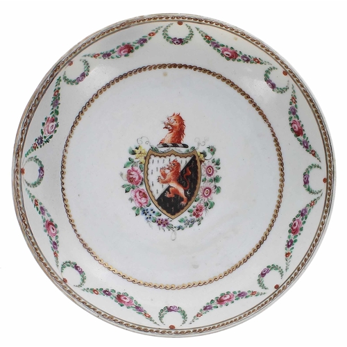 847 - Chinese export armorial porcelain saucer dish, with a coat of arms within a floral garland border, Q... 