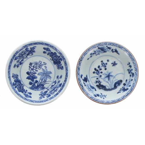 839 - Two similar Chinese export blue and white porcelain Patty Pans, each decorated with flowers and inse... 