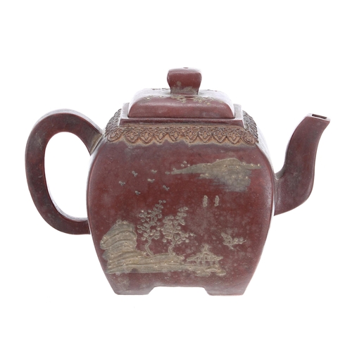 836 - Chinese Yixing red ware teapot and cover, of rectangular rounded form with applied landscape designs... 