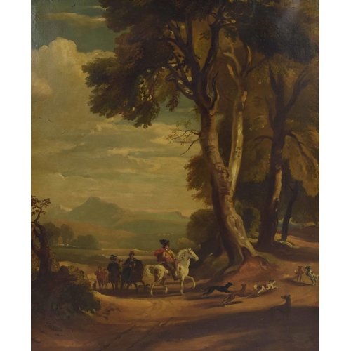 971 - Follower of Jan Wynants (18th/19th century) - gentlemen on horseback with their hounds nearby, comme... 