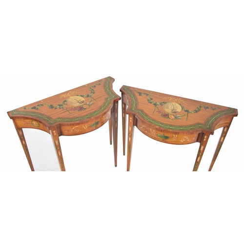 1009 - Attractive pair of satinwood crossbanded and painted side tables in the Adam style, each with oval f... 