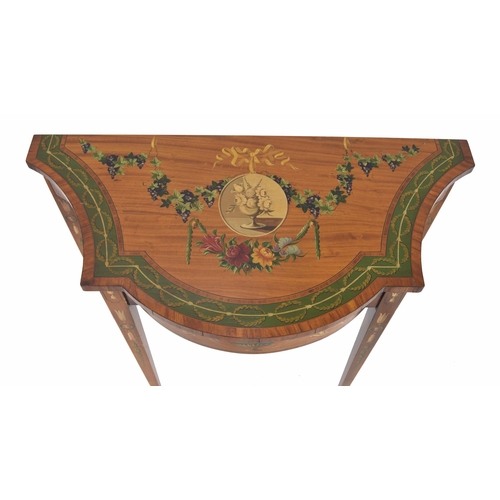1009 - Attractive pair of satinwood crossbanded and painted side tables in the Adam style, each with oval f... 