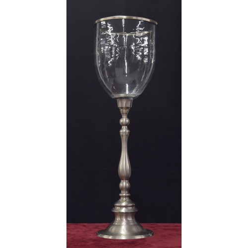 803 - Decorative tall chromed candle stand, with a storm shade upon a turned column with circular base, 30... 