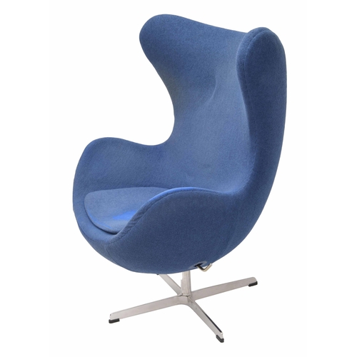 682 - After Arne Jacobson - upholstered egg chair, pale blue, on a chrome support, 34