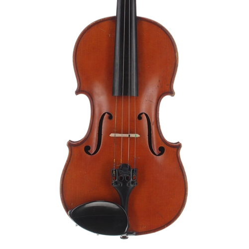 2434 - Good French violin circa 1900, unlabelled, the two piece back of faint medium curl with similar wood... 