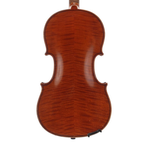 2434 - Good French violin circa 1900, unlabelled, the two piece back of faint medium curl with similar wood... 