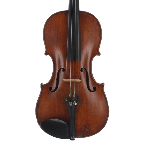 2438 - Interesting violin circa 1800, unlabelled, the two piece back of faint medium fine curl, with faint ... 