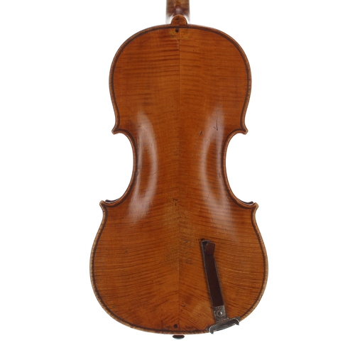 2438 - Interesting violin circa 1800, unlabelled, the two piece back of faint medium fine curl, with faint ... 