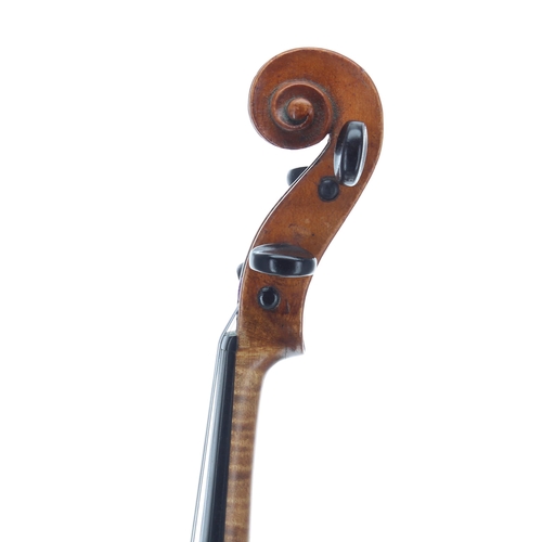 2438 - Interesting violin circa 1800, unlabelled, the two piece back of faint medium fine curl, with faint ... 