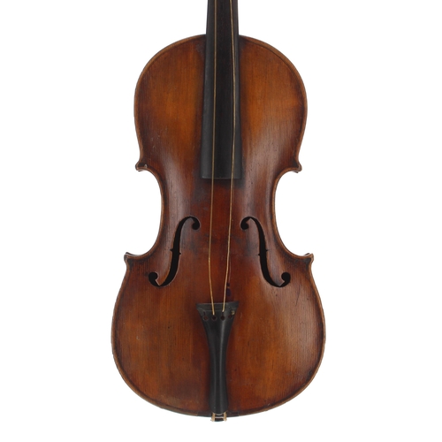 2440 - Interesting 19th century violin, the one piece back of medium curl with similar wood to the sides, t... 