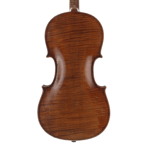 2440 - Interesting 19th century violin, the one piece back of medium curl with similar wood to the sides, t... 