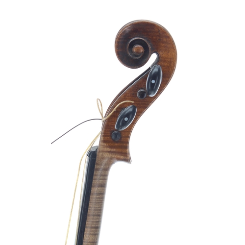 2440 - Interesting 19th century violin, the one piece back of medium curl with similar wood to the sides, t... 