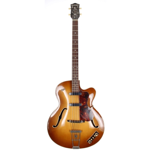 146 - 1959 Hofner 500/5 hollow body bass guitar, made in Germany; Body: brunette finish, light checking, l... 