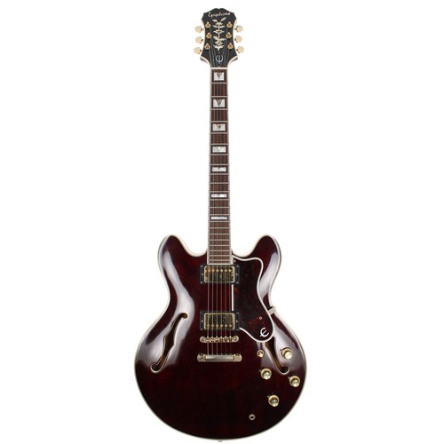 294 - 1984 Epiphone Sheraton semi-hollow body electric guitar, made in Japan; Body: wine red finish, surfa... 