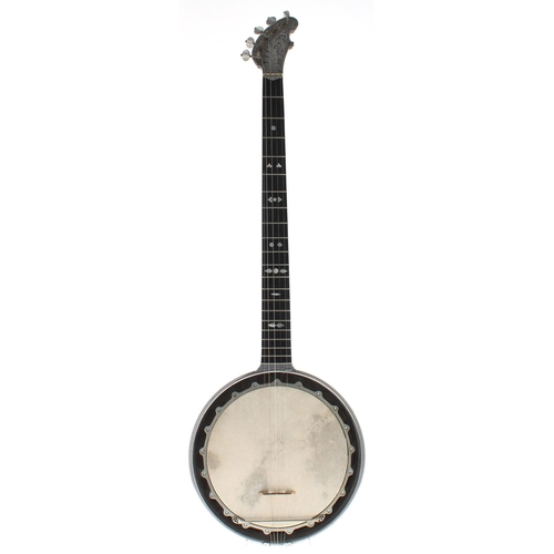 1567 - Rare five string zither banjo by and inscribed The Riley-Baker Perfected Patent, with foliate engrav... 