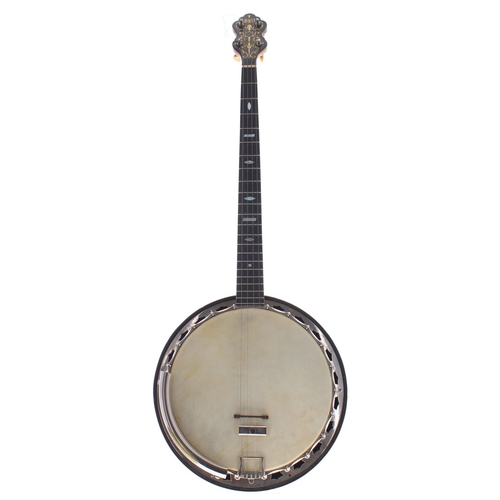 1569 - Abbott five string banjo converted to four string, with maple resonator, geometric mother of pearl i... 