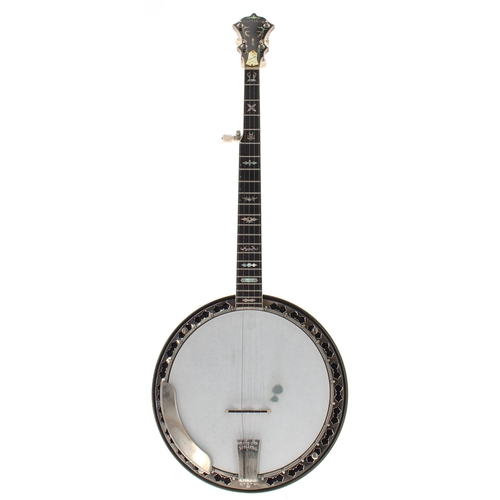 1586 - Fine Stelling Staghorn five string banjo, with painted serial no. 6196, stamped on the inside pot ri... 