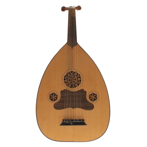 1602 - Attractive contemporary oud, the back decorated with twenty-five alternating coloured ribs, the spru... 