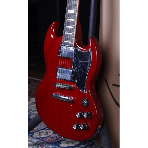 677 - Harley Benton DC-580 electric guitar, cherry finish (unused with original shipping box)... 