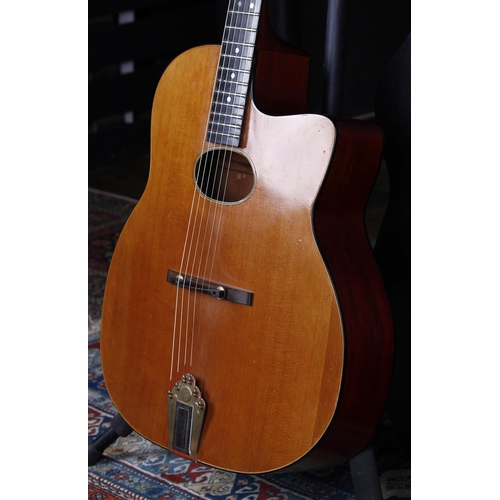 706 - Interesting gypsy jazz type acoustic guitar; Back and sides: mahogany, restored hairlines to back; T... 