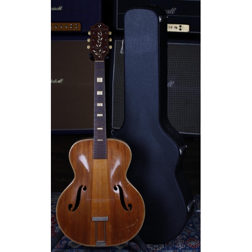 707 - 1940s Harmony Patrician archtop guitar, made in USA; Back and sides: mahogany, heavy scratches and m... 