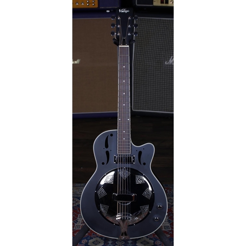 711 - JHS Vintage VRC-800 single cone electric resonator guitar; Body: satin black finish; Neck: good; Fre... 