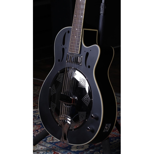 711 - JHS Vintage VRC-800 single cone electric resonator guitar; Body: satin black finish; Neck: good; Fre... 