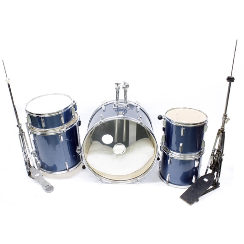 1580 - Drum World UK five piece drum kit, blue metallic finish, with hardware and stool; also a pair of tom... 