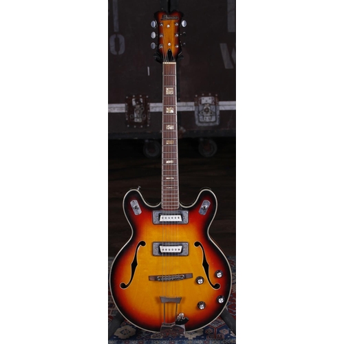 748 - 1970s Encore semi-hollow body electric guitar, made in Japan; Body: three-tone sunburst finish, inse... 