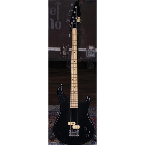 760 - 1981 Vox Standard bass guitar, made in Japan; Body: black finish, scratches and dings; Neck: maple; ... 