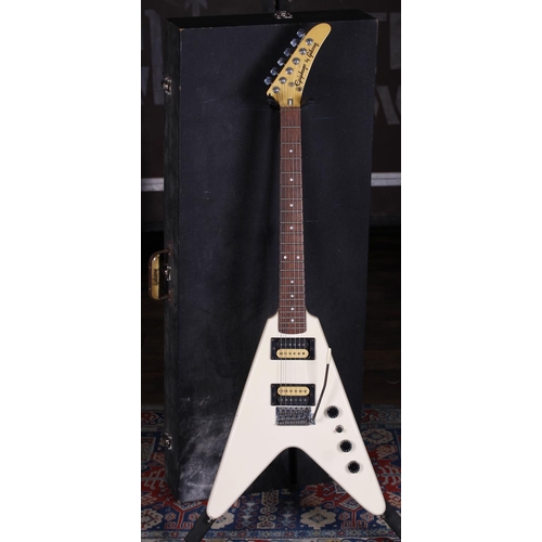 766 - 1986 Epiphone by Gibson V2 Flying V electric guitar; Body: white finish, dings and scratches; Neck: ... 