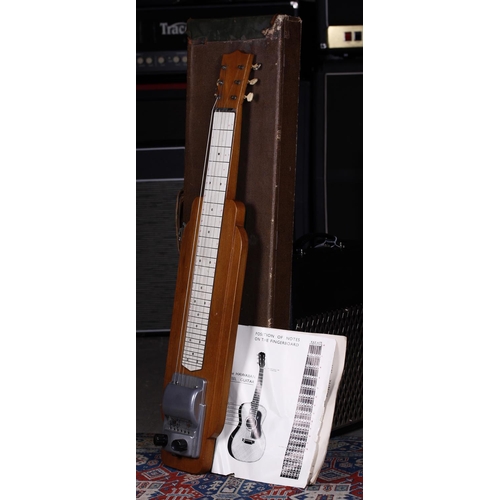 783 - Vintage homemade lap guitar, within fitted period case, with tone bar and Hawaiian steel guitar self... 