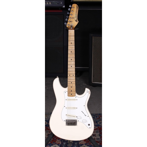 788 - 1983 Cimar S Type electric guitar, made in Japan; Body: white finish, heavy blemishes and knocks thr... 