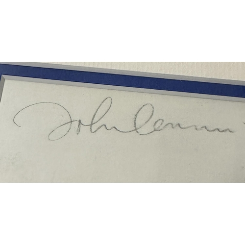 416 - John Lennon - autographed display, mounted below a picture of John Lennon, framed