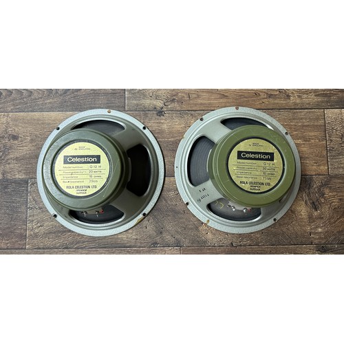 1073 - Pair of 1970s Rola Celestion G12H green back T1217 guitar amplifier speakers, date code KF2, with H.... 