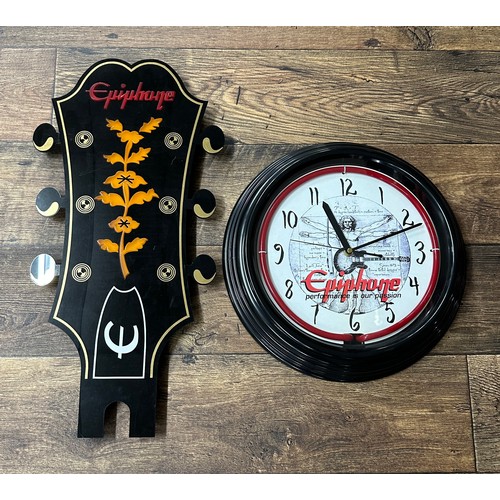 1465 - Epiphone Guitars dealer light up clock; together with an Epiphone Guitars light-up headstock sign (2... 