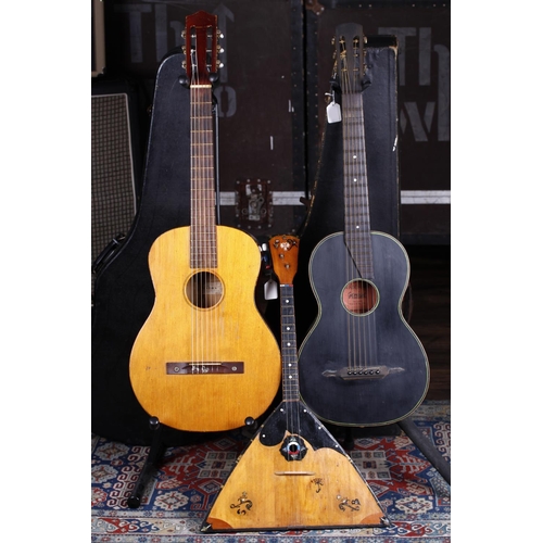 757 - 'Genius' branded small bodied acoustic guitar with pearloid back and sides, refinished black top and... 